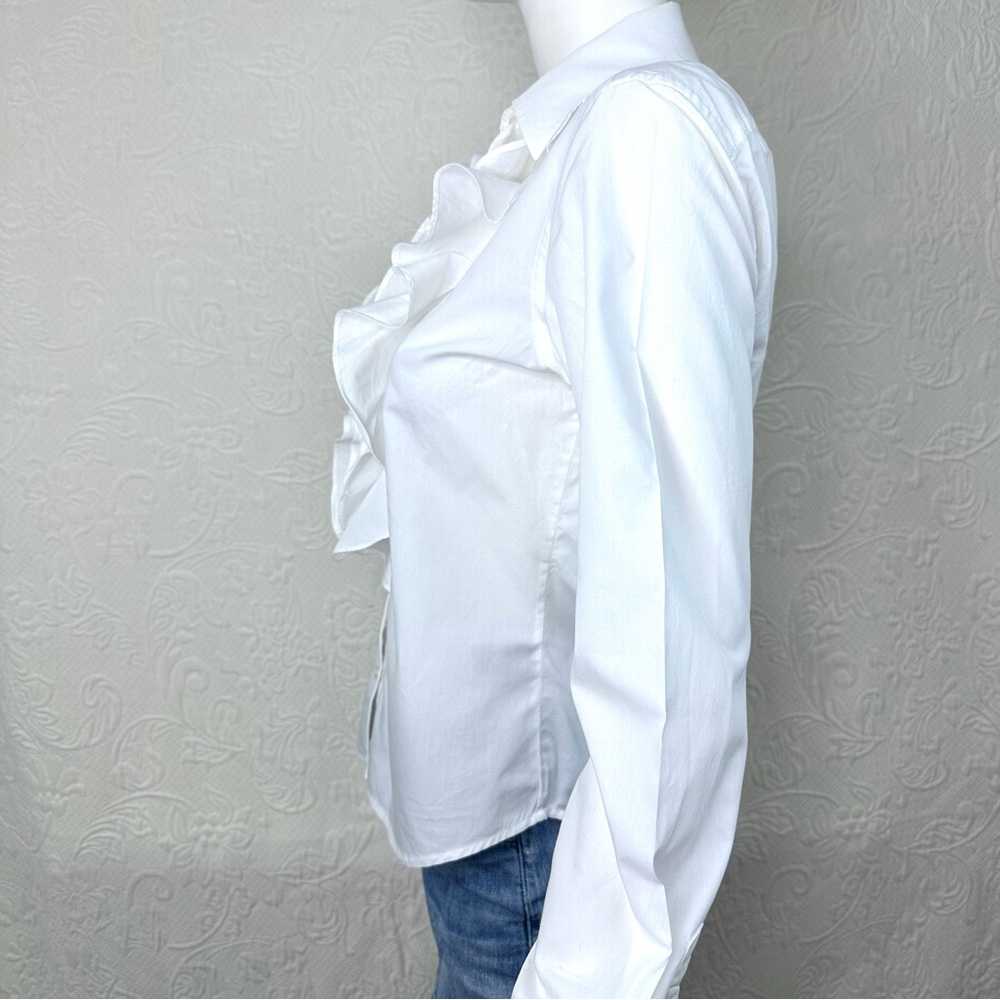 Lauren Ralph Lauren White Cotton Ruffle Front Button Down Shirt - Picture 11 of 16